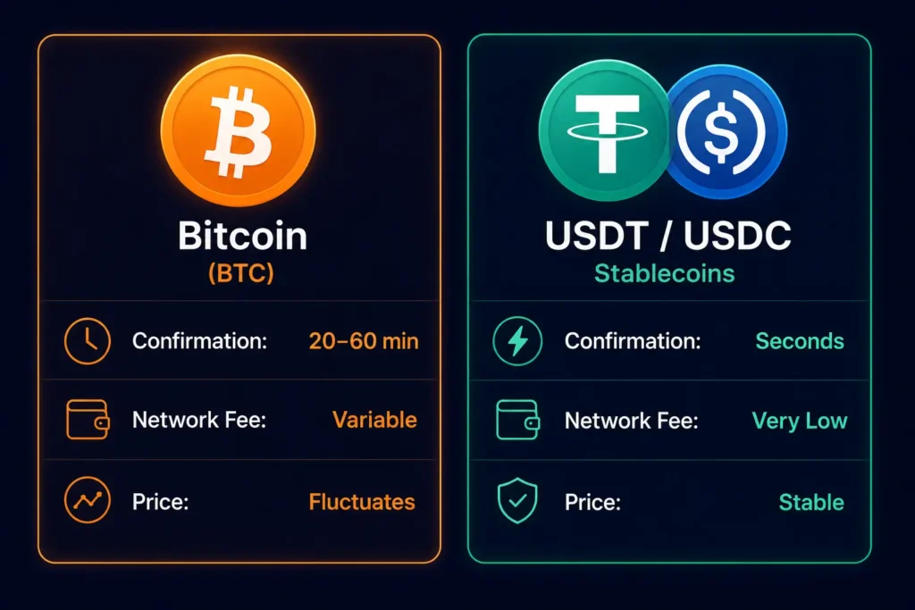 Bitcoin vs USDT prepaid card comparison — speed, fees, price stability