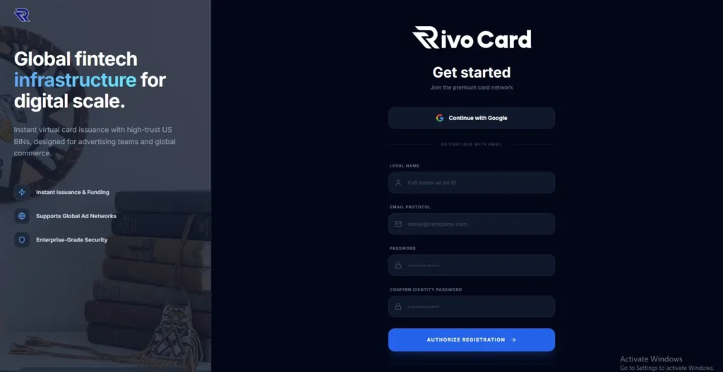 Rivocard signup page