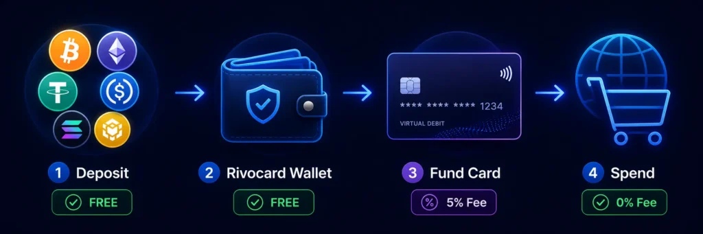 How Rivocard works: free crypto deposits to wallet, 5% fee to fund cards, 0% on purchases
