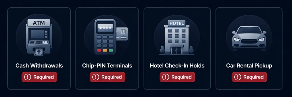When you need a physical crypto card — ATM, chip-PIN, hotel check-in, car rental