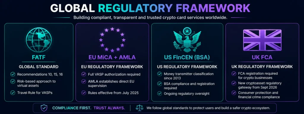 Global AML regulatory framework for crypto cards — FATF MiCA FinCEN FCA