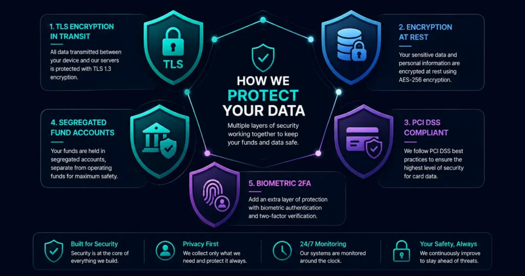 How Rivocard protects your data — encryption PCI DSS segregated funds and biometric 2FA