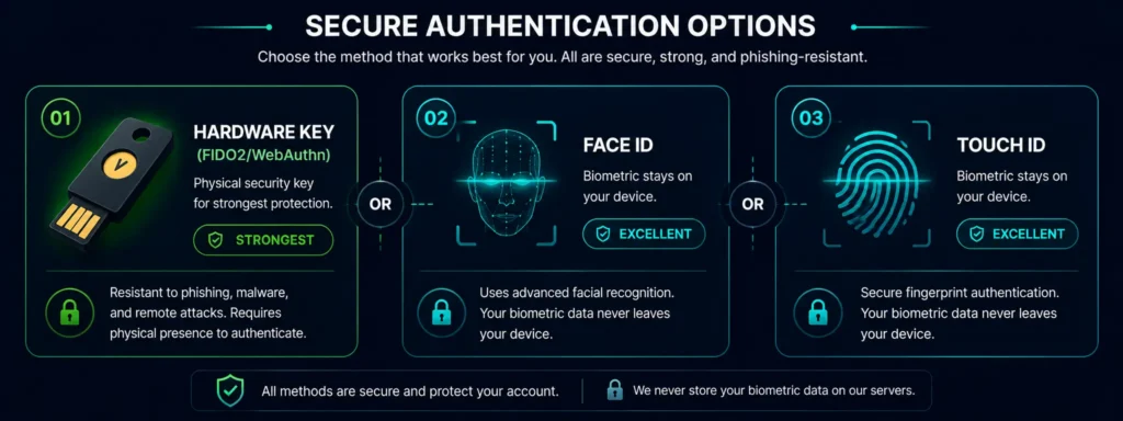 Rivocard two-factor authentication options — hardware key FaceID and TouchID