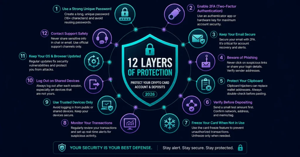 Crypto card fraud protection tips 2026 — 12 steps to protect your account and deposits