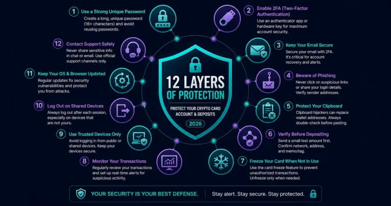 Crypto card fraud protection tips 2026 — 12 steps to protect your account and deposits