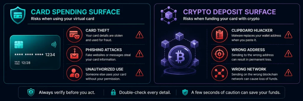 Two fraud surfaces on a crypto card — card spending and crypto deposit attack vectors