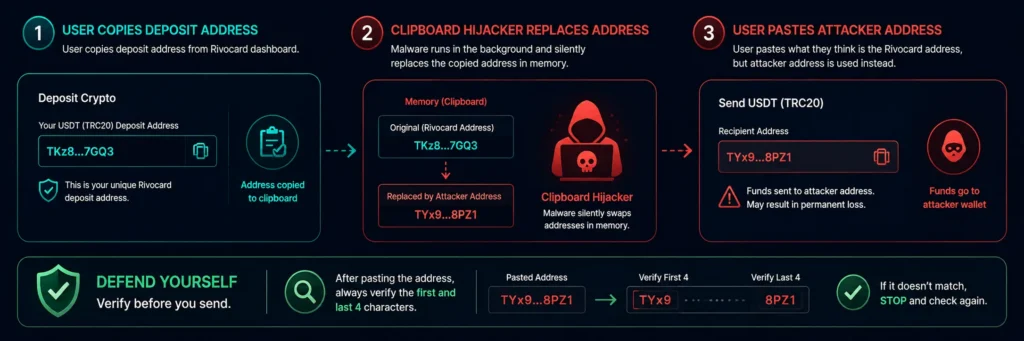 How clipboard hijacker malware works when depositing crypto to a card