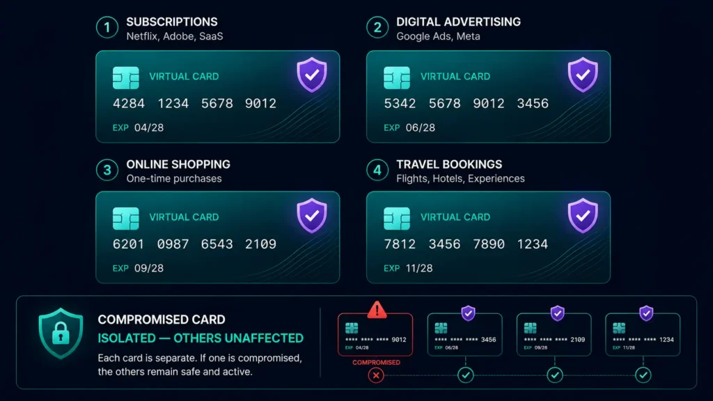 Card segmentation strategy for crypto card fraud protection — one card per use case