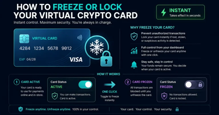 How to freeze or lock a virtual crypto card — instant card control from dashboard