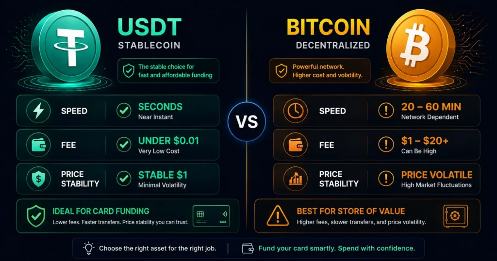 Stablecoin vs Bitcoin for crypto card funding — speed fees and price stability compared
