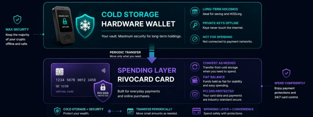 Two-layer security model for crypto — hardware wallet for storage, Rivocard card for spending