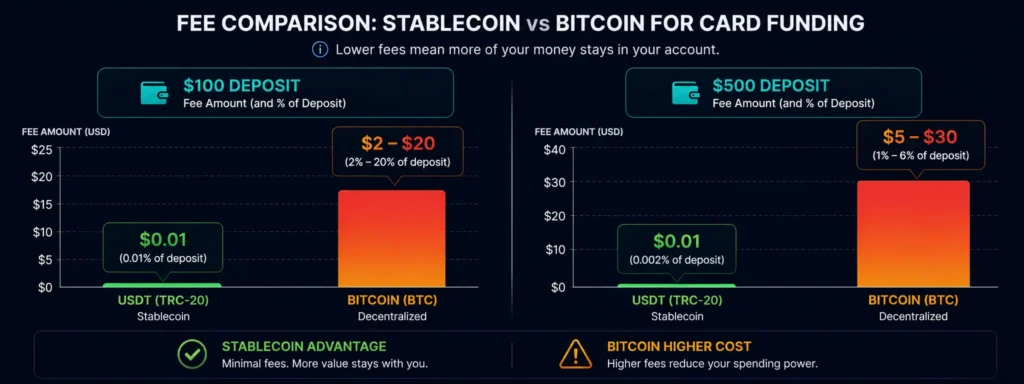 Crypto card deposit fee comparison — USDT TRC-20 vs Bitcoin for $100 and $500 deposits