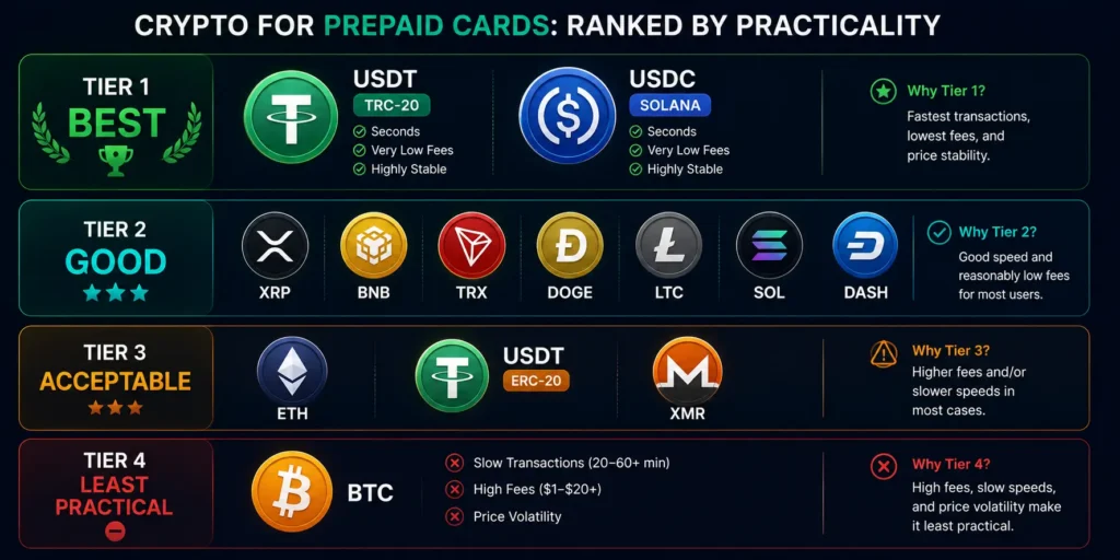 All Rivocard cryptocurrencies ranked by card funding suitability — four tiers