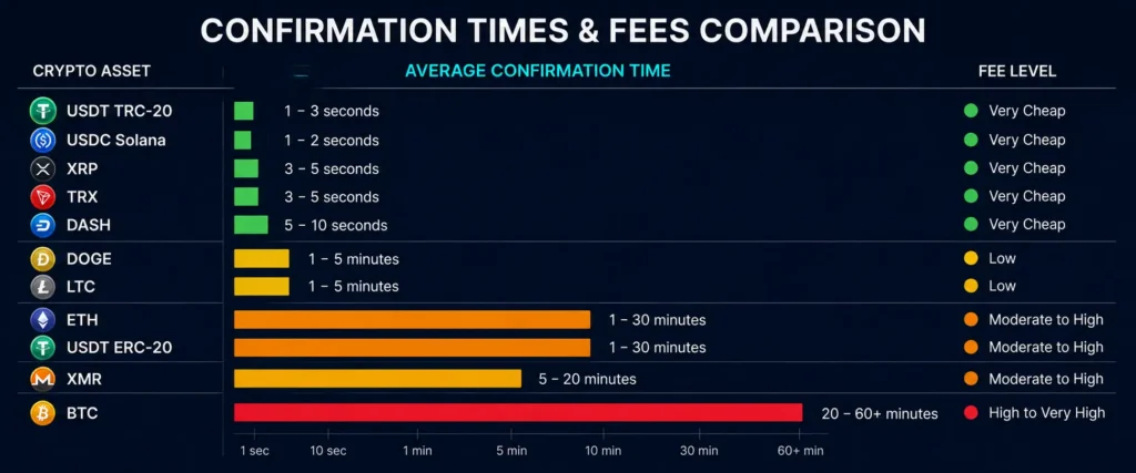 Quick comparison of all crypto deposit options on Rivocard — confirmation time fees and price risk