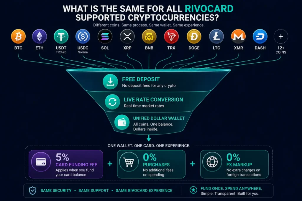 What is the same for all Rivocard supported cryptocurrencies — unified wallet and fee structure