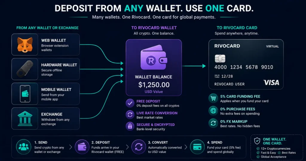 crypto wallet to card guide — deposit from any wallet to Rivocard prepaid card