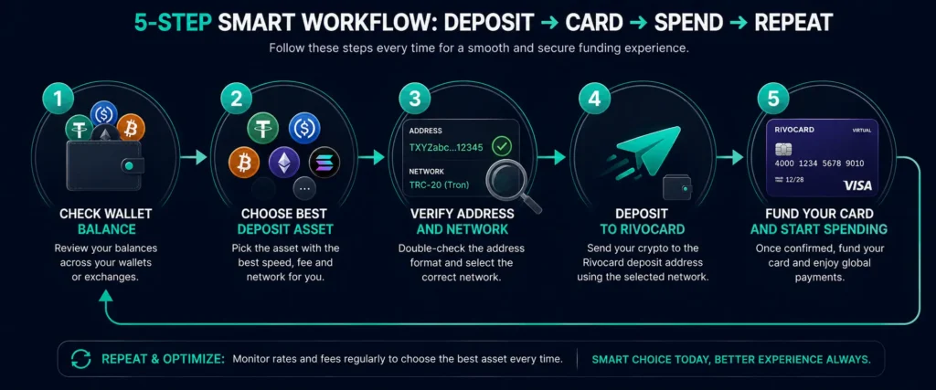 Workflow for funding Rivocard from multiple crypto wallets and exchanges