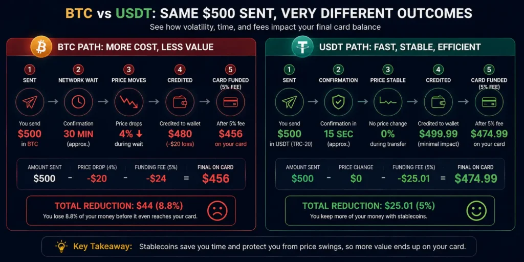 Bitcoin vs USDT deposit outcome comparison -- price volatility during confirmation window