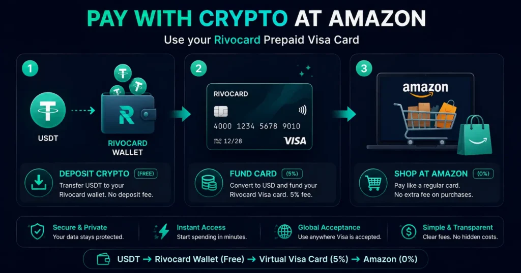 How to pay with crypto at Amazon using a prepaid Visa card - Rivocard method