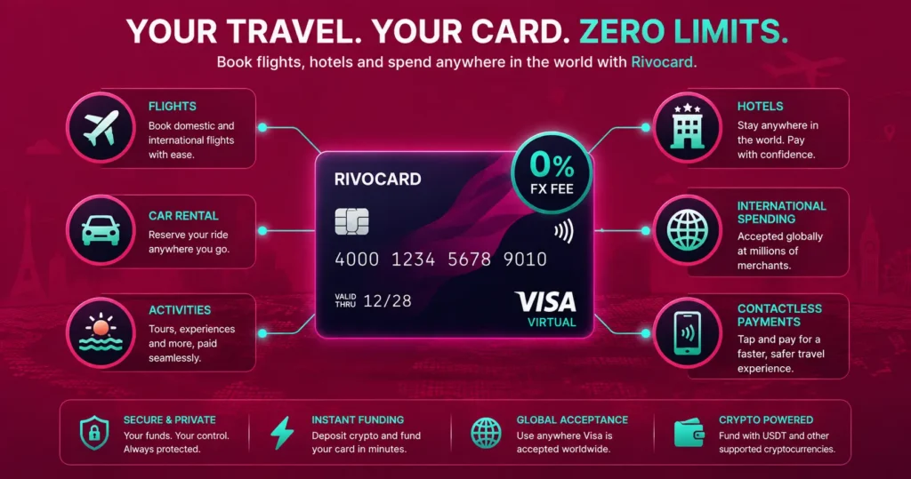 Crypto card for travel bookings - flights hotels and international spending with Rivocard