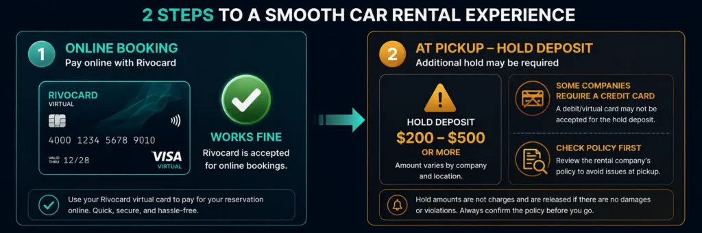 How car rental payments work with a crypto prepaid card - online booking vs pickup hold
