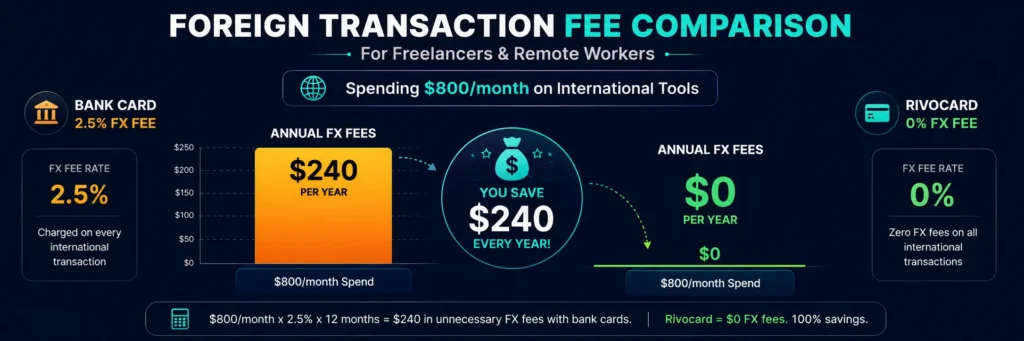 Foreign transaction fee comparison for freelancers - Rivocard 0% vs bank card 2.5%