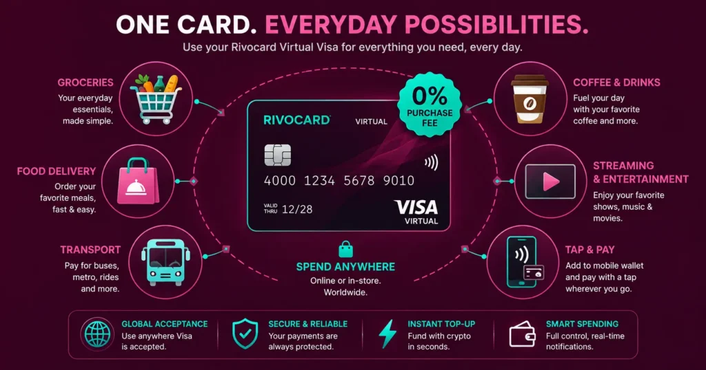 Using a crypto card for everyday purchases - groceries coffee transport shopping with Rivocard