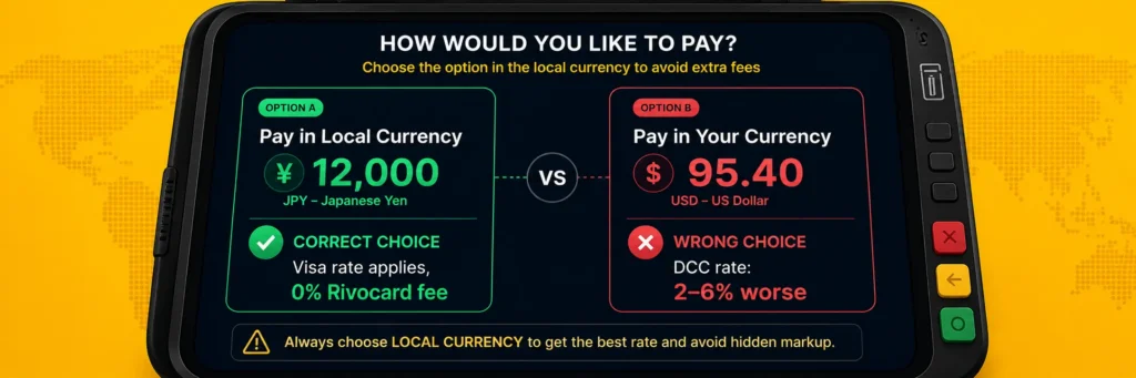 Dynamic currency conversion DCC trap - always choose local currency not home currency