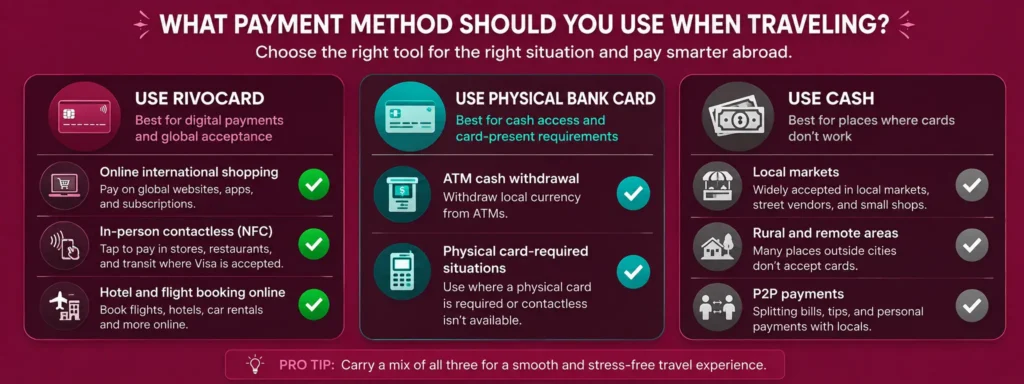 International payment tool guide - when to use Rivocard vs physical card vs cash