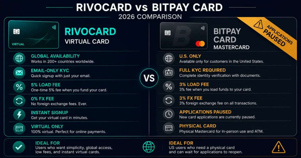 Rivocard vs BitPay card comparison 2026 - fees availability and key differences