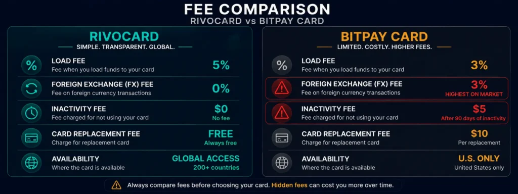 Rivocard vs BitPay fee structure - load fee FX fee inactivity fee and card replacement cost