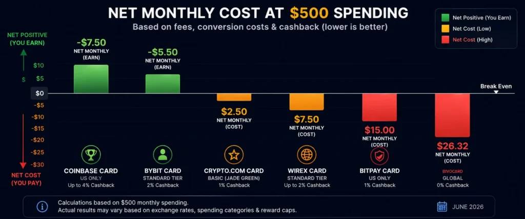 Crypto card cost comparison at $500 monthly spending - net cost after cashback 2026