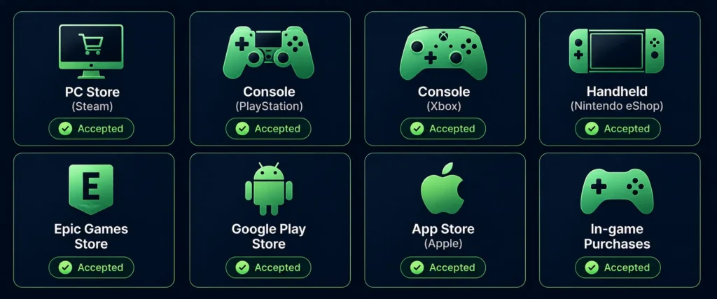 Gaming platforms that accept Rivocard virtual Visa card - Steam Xbox PlayStation Nintendo Epic