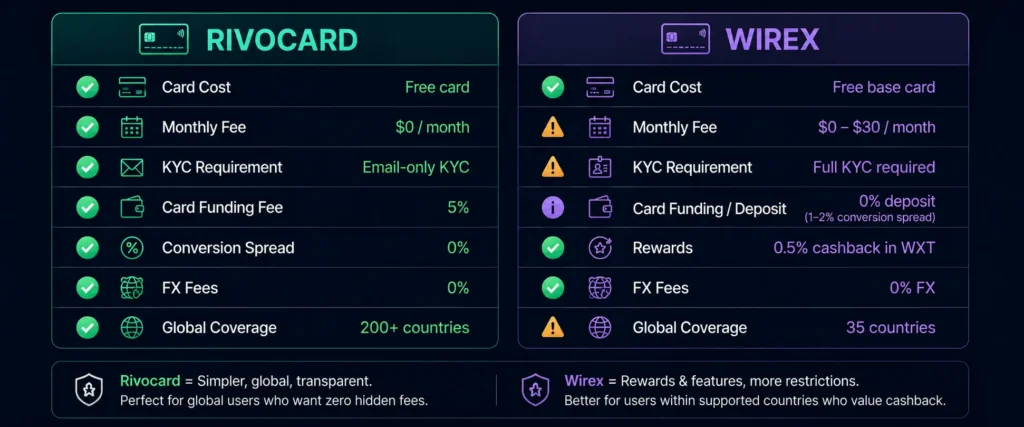 Rivocard vs Wirex fee structure comparison table - top-up fee FX fee cashback KYC