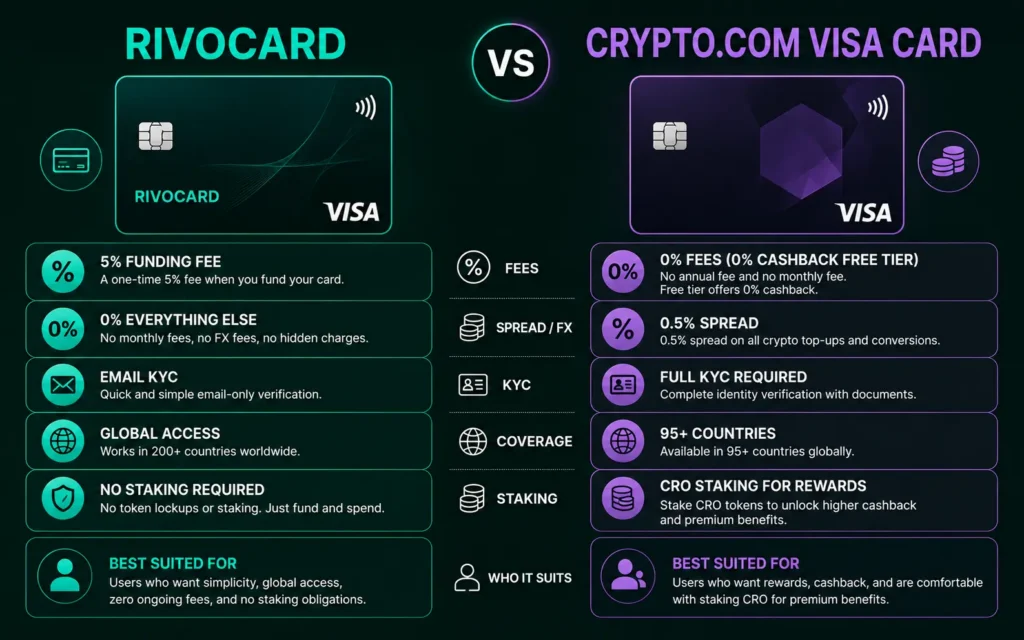 Rivocard vs Crypto.com Visa card comparison 2026 - fees staking and who each card suits