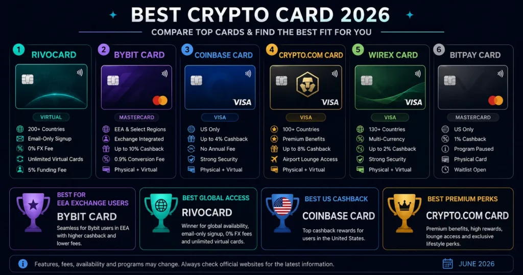 Best crypto card 2026 comparison - Rivocard Crypto.com Bybit Wirex BitPay compared