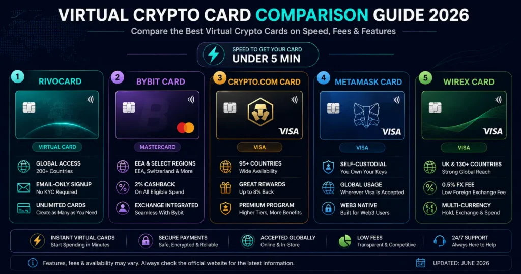 Virtual crypto card comparison guide 2026 - best virtual cards compared on speed fees and features