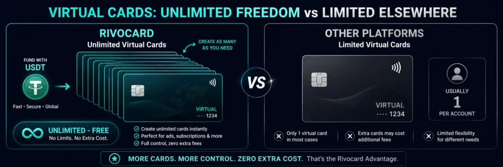 Virtual crypto card creation limits comparison - Rivocard unlimited vs single card platforms