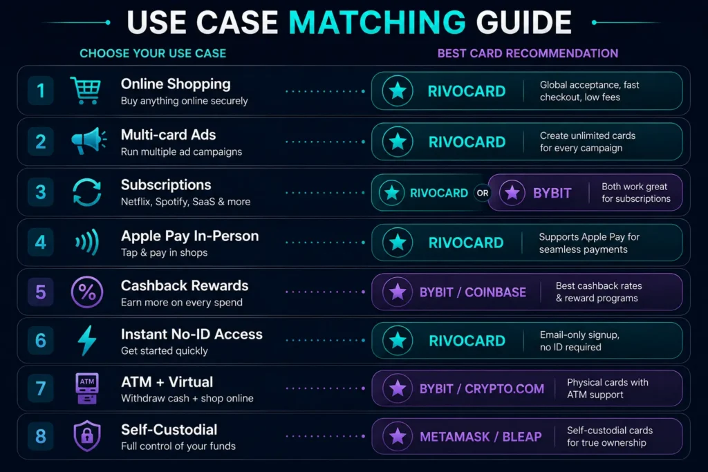 Virtual crypto card use case matching guide - best card option for each spending scenario