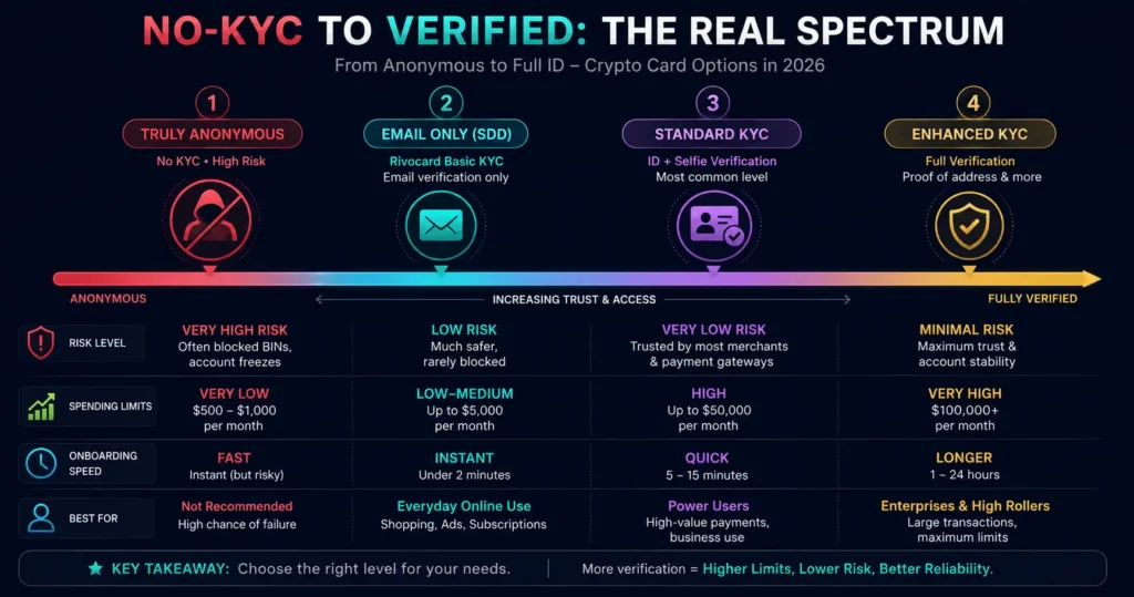 No-KYC vs verified crypto card comparison 2026 - the real spectrum from anonymous to full ID