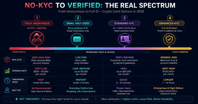 No-KYC vs verified crypto card comparison 2026 - the real spectrum from anonymous to full ID