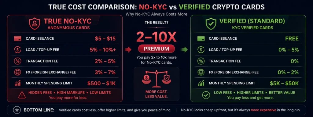 No-KYC crypto card fees vs verified card fees - 2-10x higher costs for privacy