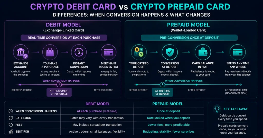 Crypto debit card vs crypto prepaid card differences - when conversion happens and what changes