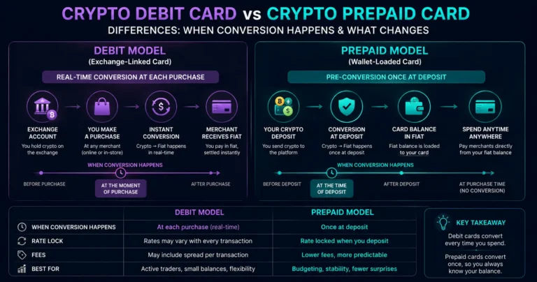 Crypto debit card vs crypto prepaid card differences - when conversion happens and what changes