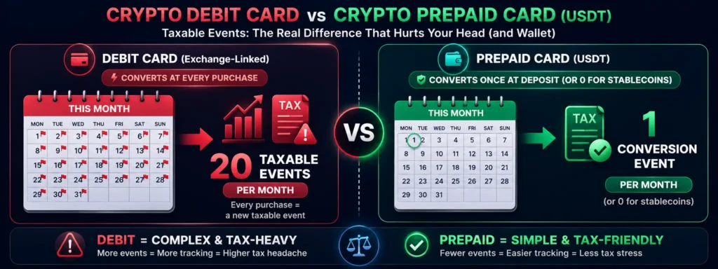 Tax event comparison - crypto debit card creates taxable event per purchase vs prepaid once at deposit