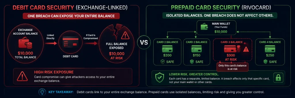 Security comparison - debit card exposes exchange balance vs prepaid card isolated to card balance