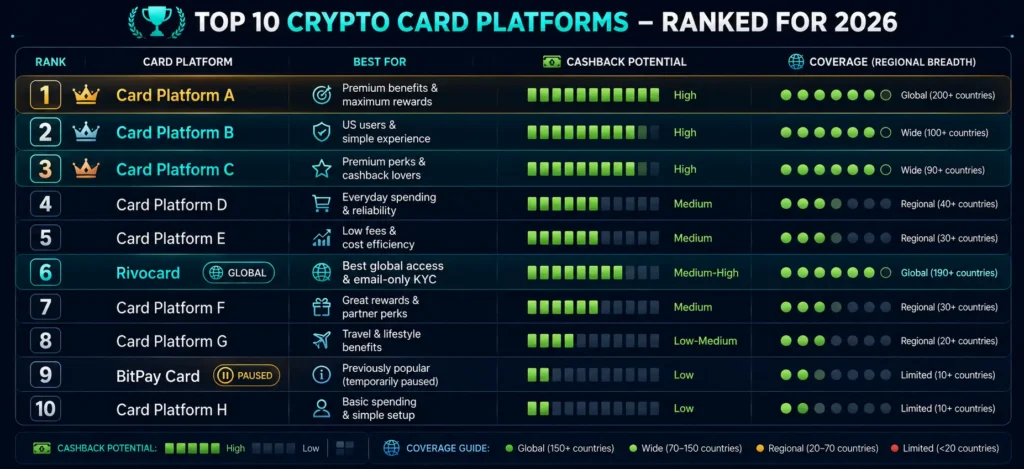 Top 10 crypto cards 2026 comparison - cashback coverage and best use case overview