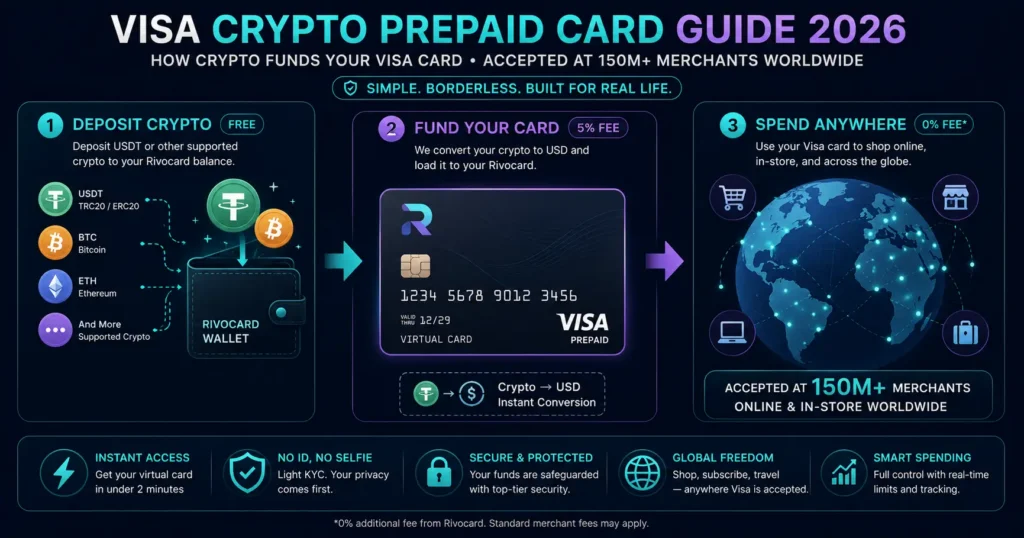 Visa crypto prepaid card guide 2026 - how crypto funds a Visa card accepted at 150M merchants