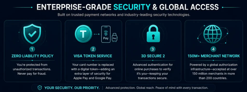 Visa-specific features for crypto prepaid card users - Zero Liability Token Service 3DS and global network