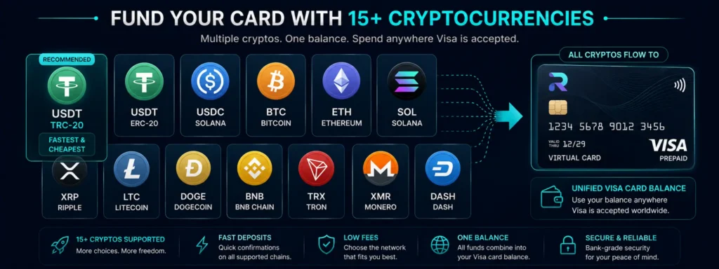 Cryptocurrencies supported on Rivocard Visa prepaid card - 12 plus coins accepted